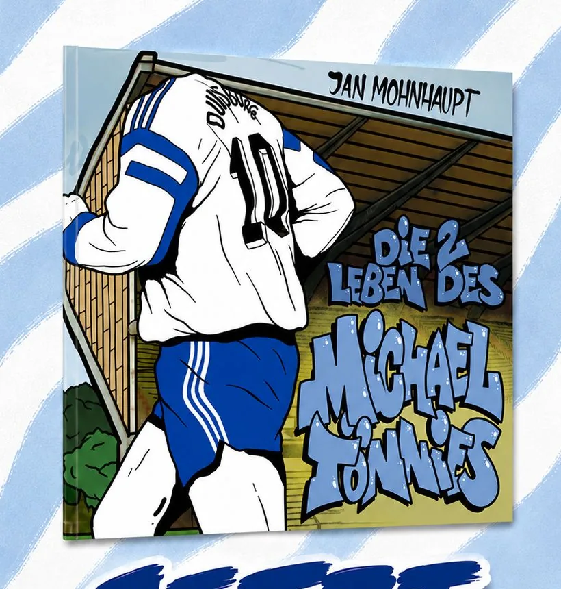 Das Cover der Hörbuch-CD „Die 2 Leben des Michael Tönnies“ nach dem Buch von Jan Mohnhaupt auf blau-weiß gestreiftem Grund