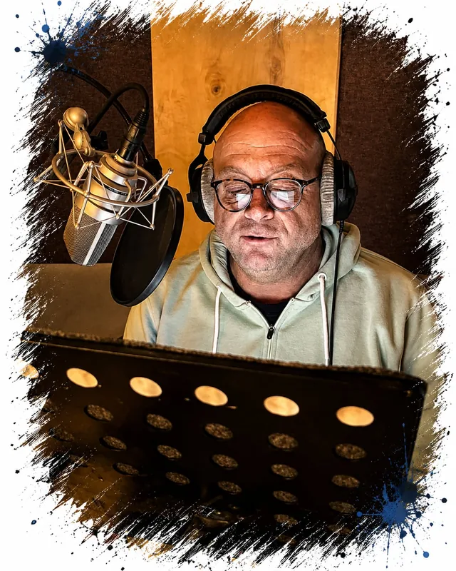 Sprecher mit Kopfhörern und Brille am Studiomikrofon