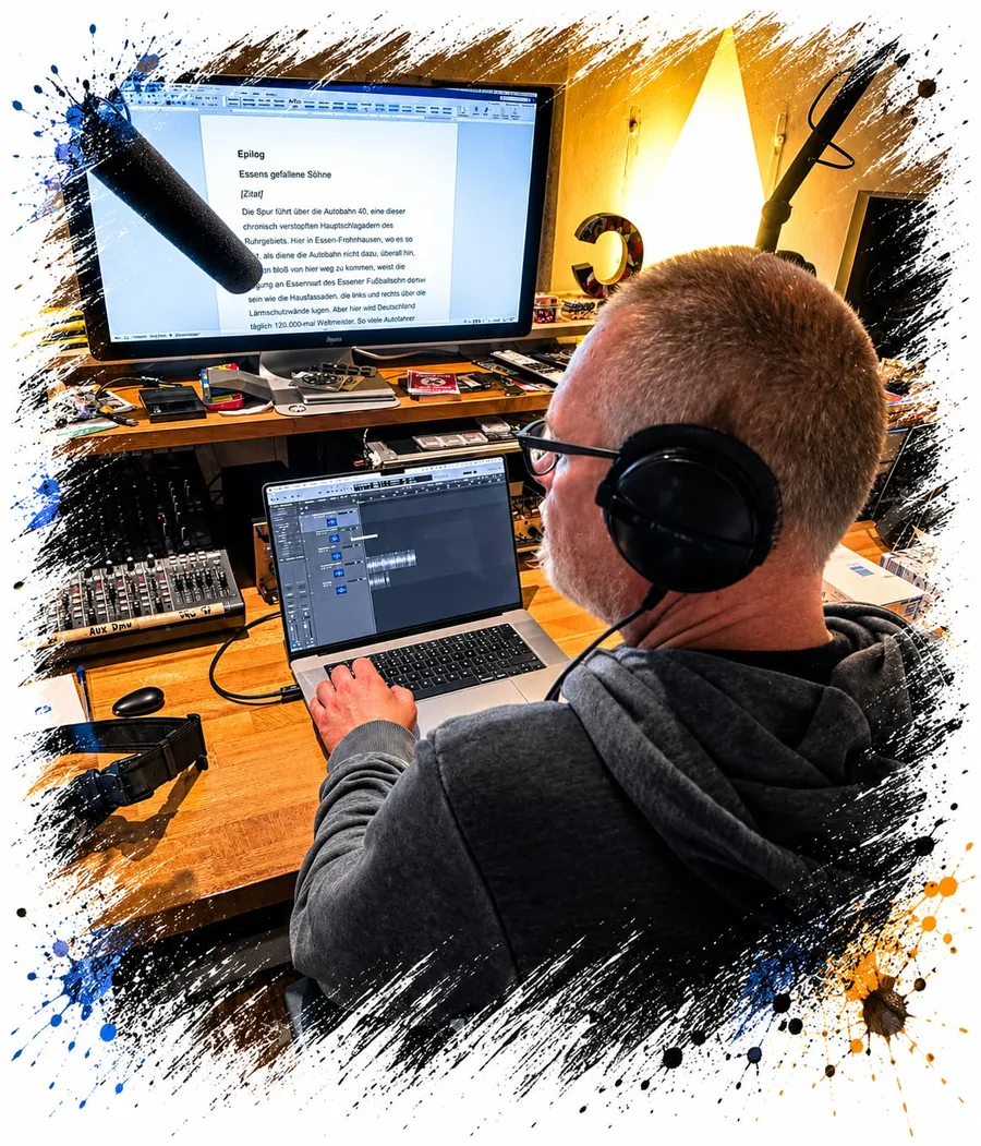 Christoph Walter mit Kopfhörern am Laptop mit Audiospuren, auf dem großen Bildschirm der Text des Epilogs